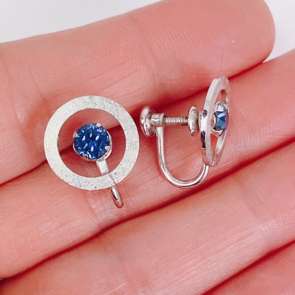 VTG Sterling Silver 50s Signed A&Z Earrings Blue Rhinestone Modernist Screw Back - Picture 4 of 11